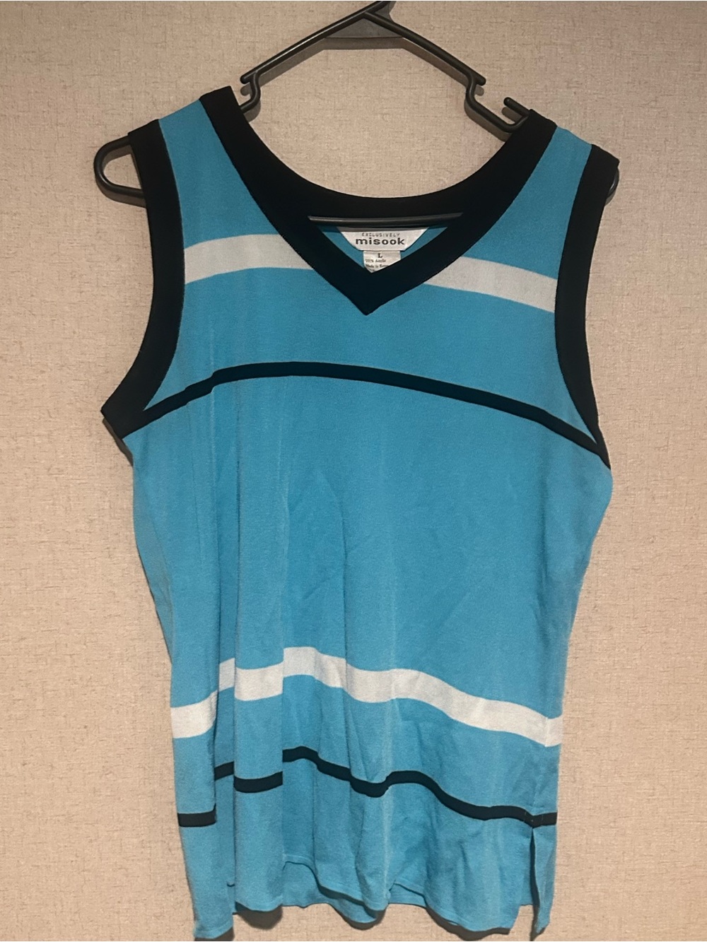 Misook Large Vintage Sleeveless V-Neck Blue Stripe Knit Top